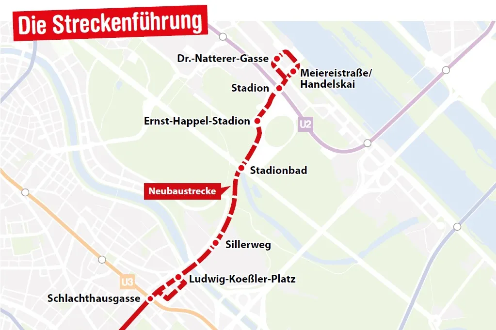 Zukünftige Streckenführung der Straßenbahn 18. Grafik: Wiener Linien